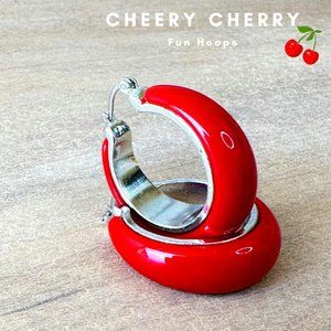 Vintage Cherry Red Resin & Silvertone Hoop Pierced Earrings